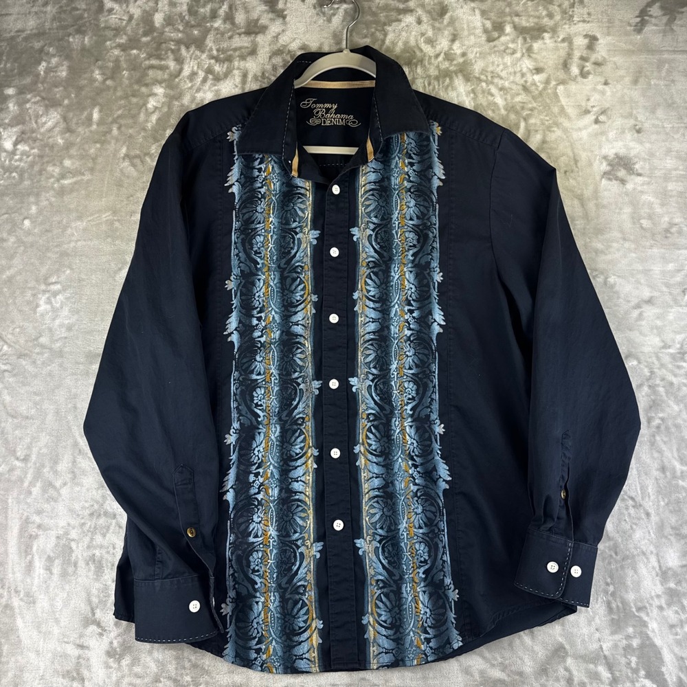 Tommy Bahama Denim Button Down Mens L Navy Blue Scroll Print Long Sleeve (1595)